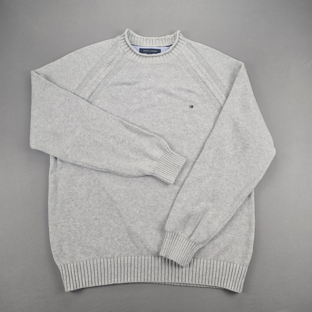 Tommy Hilfiger Grey Textured Knit Crewneck Cotton Sweater Mens - L
